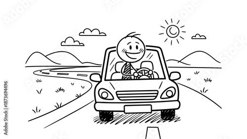 A man and woman enjoy a fun travel adventure driving a vector illustration cartoon car on a coastal road near the beach