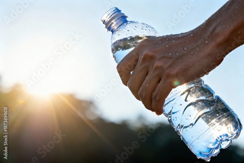 Hand Holding Cold Water Bottle with Condensation in Sun