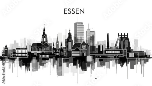 Essen City Skyline Black White Illustration.