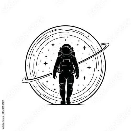 Astronaut Silhouette Standing Against Cosmic Planet and Stars