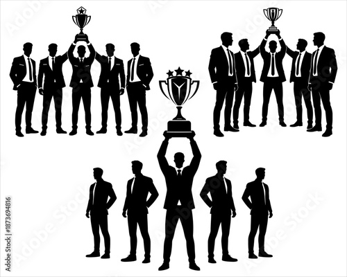 Professional business team celebrating success with trophy corporate victory silhouette vector illustration design set. Celebrating achievement with trophy silhouette set. Winning glory scene.