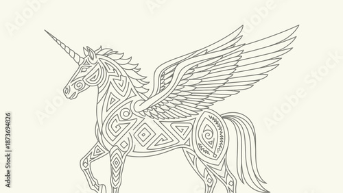 Detailed Line Drawing of Mythical Unicorn Pegasus.