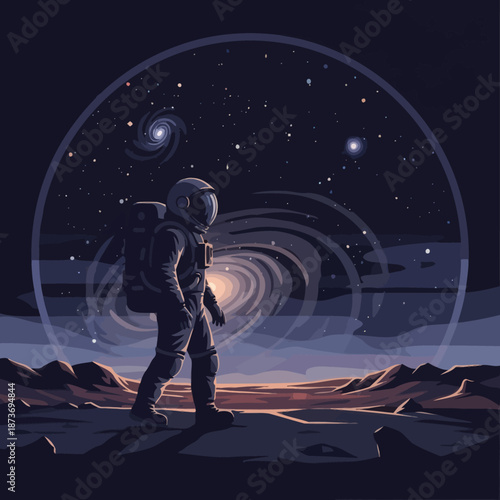 Astronaut walks on alien planet with galaxy view and starry night sky