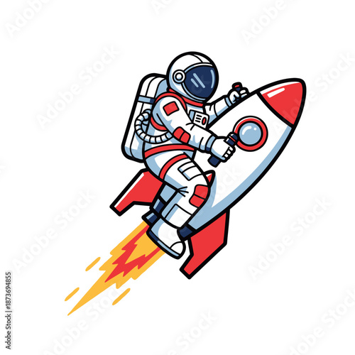 Astronaut Riding Rocket Ship with Magnifying Glass and SEO Symbol