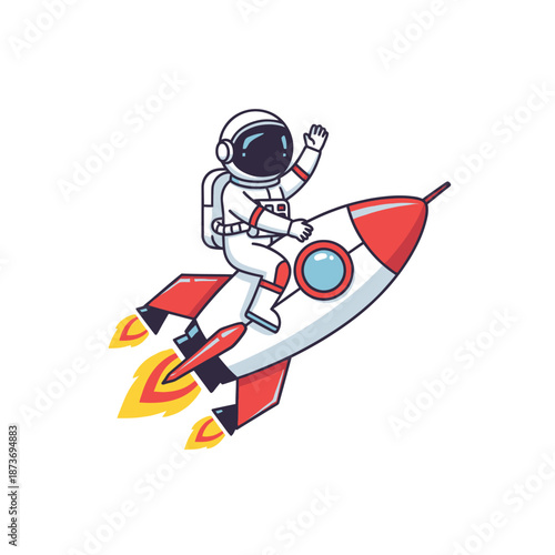 Astronaut riding a rocket ship, waving hello, space exploration concept