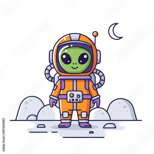 Cute cartoon alien astronaut in orange suit on moon surface with crescent moon in sky