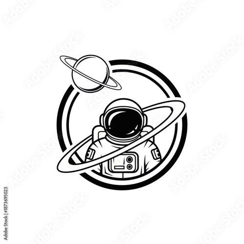 Astronaut with Planet Ring, Outer Space Exploration, Sci-Fi Emblem