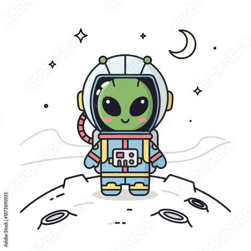 Cute cartoon alien astronaut on moon surface, outer space adventure, kawaii character