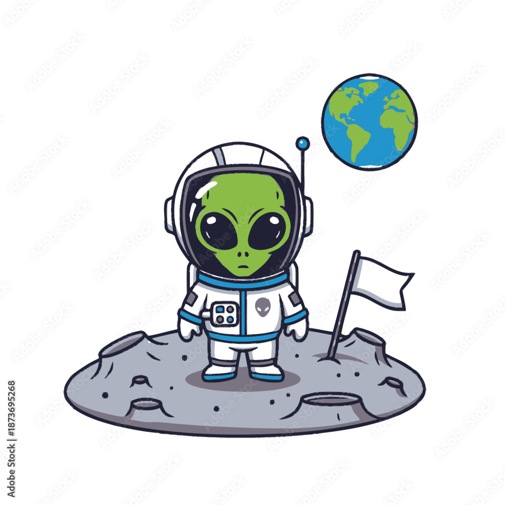 Obraz premium Cute Alien Astronaut on Moon Surface with Earth in Background