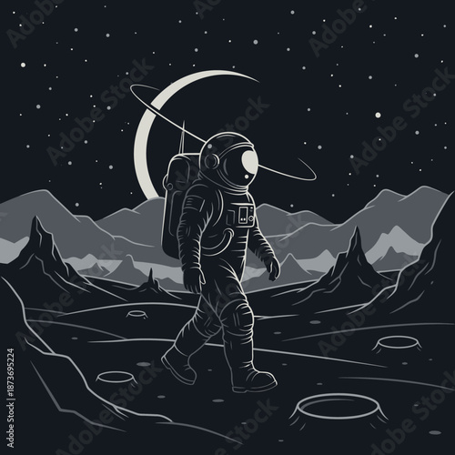 Astronaut walking on alien planet surface with ringed moon in night sky
