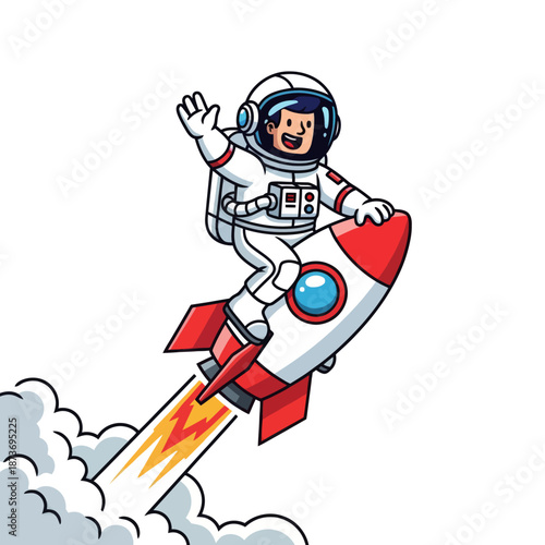 Happy Astronaut Riding Rocket Ship Waving Hand Isolated on White Background