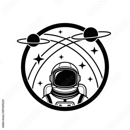 Astronaut in Space with Planets and Stars, Circular Emblem