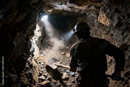 Miner Working with Shovel in Dark Underground Tunnel