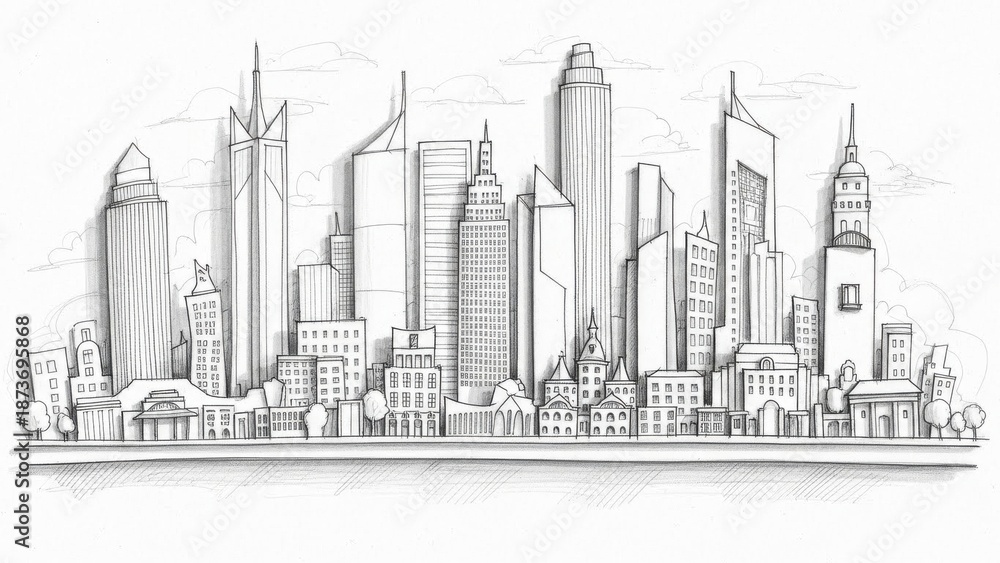 Obraz premium Intricate hand-sketched city panorama illustrating diverse urban architecture with depth.