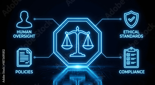 futuristic neon blue interface displaying ai ethics and legal compliance icons for human oversight ethical standards corporate policies and regulatory scales of justice