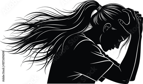 Stressed woman silhouette with flowing hair holding head isolated on white background mental health anxiety depression illustration concept emotional stress