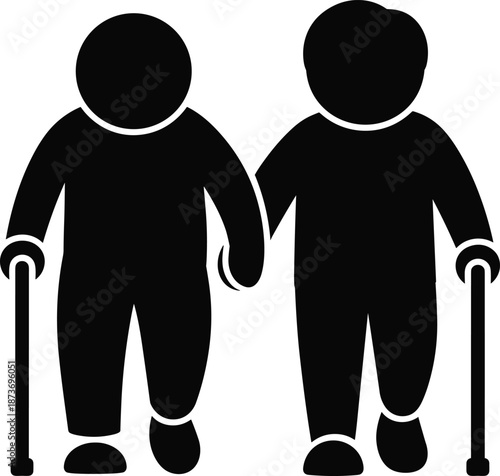 Elderly Couple Silhouette Walking with Canes Hand in Hand Isolated on White Background for Retirement Aging Care and Senior Support