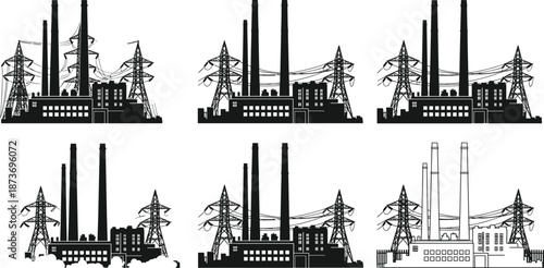 Industrial power plant and factory silhouettes with transmission towers showing electricity generation and energy infrastructure isolated on white background illustration