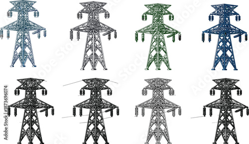 High voltage electricity transmission towers collection isolated on white background industrial power infrastructure illustration set detailed vector design energy grid