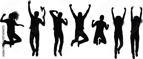 Happy young people silhouettes jumping together expressing freedom joy celebration and success isolated on white background energetic lifestyle illustration