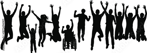 Happy diverse people silhouettes jumping together including wheelchair user isolated on white background celebration inclusion freedom joy concept illustration