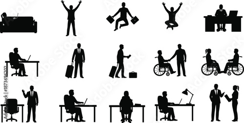 Business people silhouette set showing office work success travel celebration and disability inclusion isolated on white background illustration