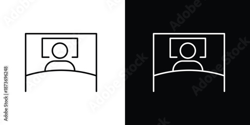 Simple line art icons representing a person sleeping peacefully in bed against black and white backgrounds