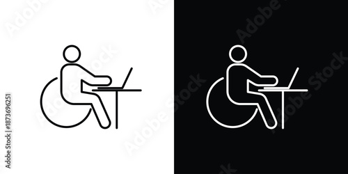 Simple line icon of a person in a wheelchair working on a laptop at a desk, symbolizing workplace accessibility and inclusive employment for disabled individuals