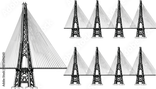 Cable stayed bridge tower silhouettes collection showing modern suspension engineering structures isolated on white background infrastructure architecture illustration design