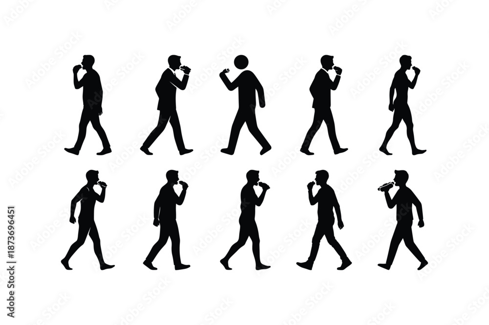 Fototapeta premium Person eating while walking silhouette icon