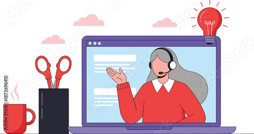 Online Customer Support Representative on Laptop with Headset Remote Help Desk Service Flat Vector Illustration