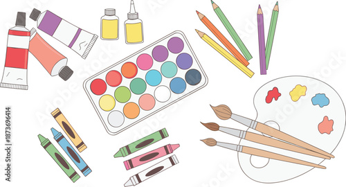 Art and Drawing Supplies Collection with Watercolor Palette Brushes Crayons Pencils Creative Flat Vector Illustration