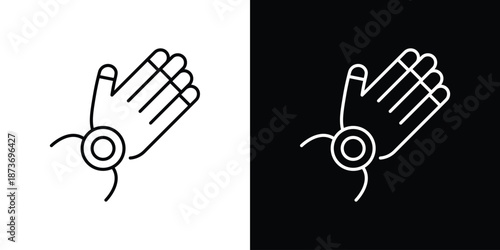 Minimalist line art illustration depicting a human hand wearing a futuristic wearable smart device, symbolizing innovation, connection, and digital interaction with modern technology and lifestyle