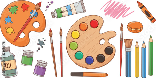 Colorful Painting Art Supplies for Kids with Palette Brushes Paints Creative Drawing Flat Vector Illustration