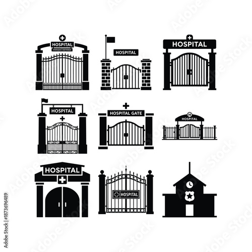 Hospital entrance gate silhouette icon