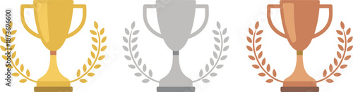 Gold silver bronze trophy cup set with laurel wreaths for first second third place winners achievement award success competition victory icons