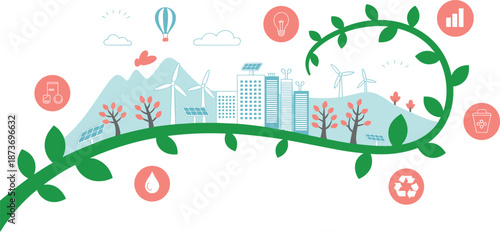 Green City Illustration with Sustainable Energy Wind Turbines Solar Panels Eco Icons Mountains and Recycling Symbols for Environmental Protection and Conservation