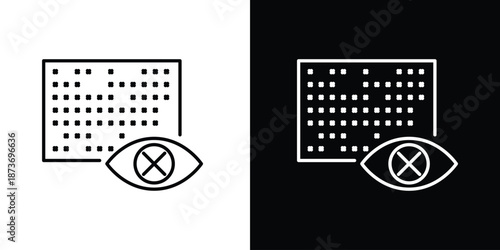 Minimalist line icon of a data grid with an eye crossed out, representing hidden data, privacy protection, data confidentiality, restricted visibility, and information security. Clean outline vector