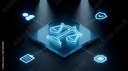 futuristic glowing neon interface showcasing artificial intelligence ethics with icons for human oversight ethical standards corporate policies and regulatory compliance management