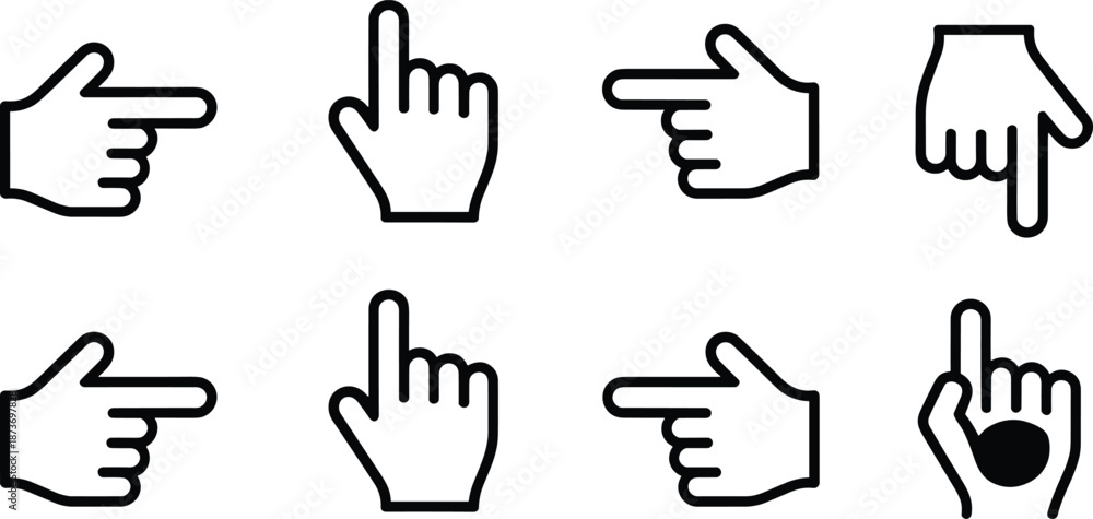 Obraz premium Hand cursor icon set, black line pointer vector collection, mouse click symbols, finger pointing signs, website navigation buttons, digital interface elements