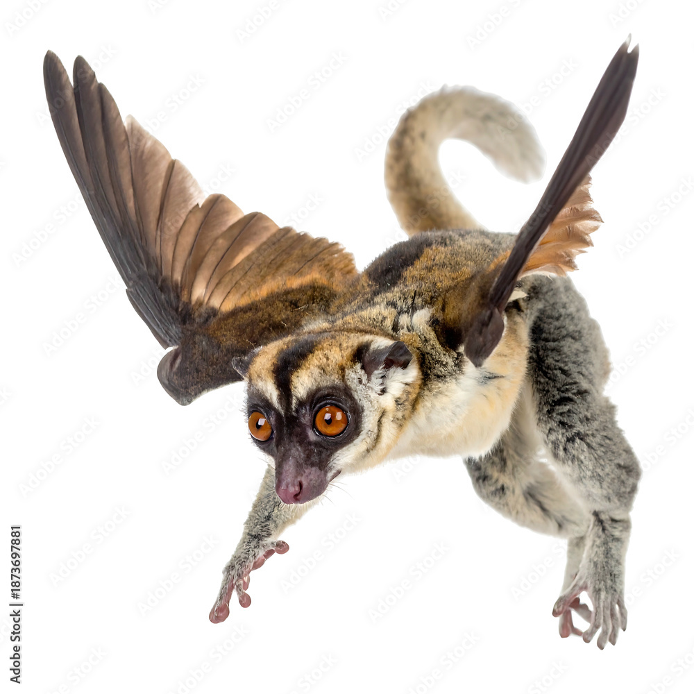 Fototapeta premium A fantasy creature a lemur with bird wings and orange eyes, captured against a clean, black background