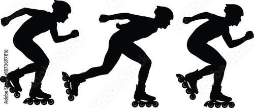Dynamic roller skating silhouettes showing speed skater motion, inline skating action, athletic training, and competitive sports performance isolated on white background