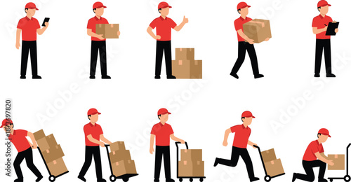 Delivery courier worker illustration set showing package handling, carrying boxes, using hand truck, and logistics service actions isolated on white background