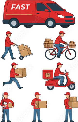 Fast delivery service illustration featuring courier workers, van, bicycle, scooter, and package handling for logistics, shipping, and last mile distribution
