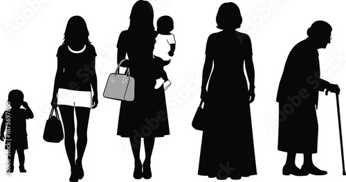 silhouette, woman, female, family, generation, aging, motherhood, lifecycle, people, figures, child, elderly, parenthood, growth, stages, life stages, female silhouettes
