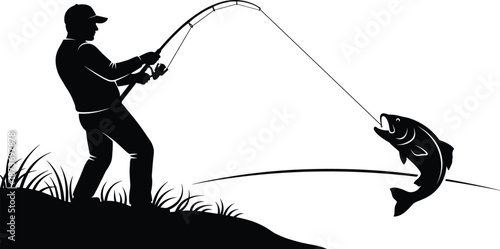 Fisherman silhouette catching fish with fishing rod, sport fishing action scene, outdoor leisure activity, angling hobby concept isolated on white background