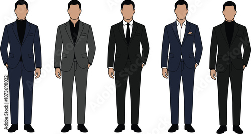 Men business suit fashion illustration collection showing formal, modern, and classic corporate outfits isolated on white background for professional style concepts