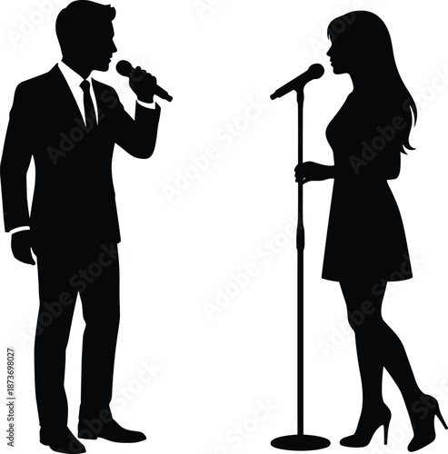 Male and female singer silhouettes performing duet with microphones, live music performance, concert and entertainment concept isolated on white background