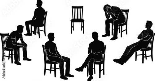 Seated man silhouette poses expressing different emotions and body language, empty chair concept, psychology, waiting and social behavior illustration isolated on white background