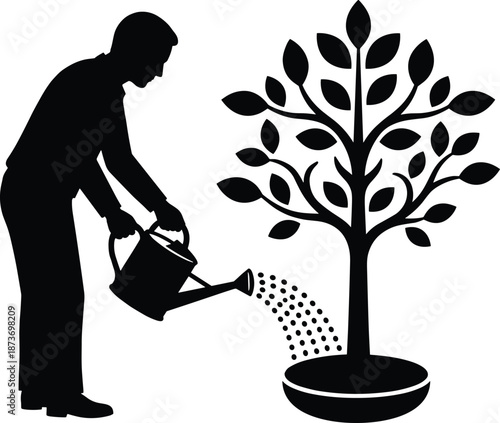 Silhouette of Man Watering Potted Tree with Watering Can, Gardening, Plant Care, Growth, Sustainability, Nature Conservation Concept Illustration